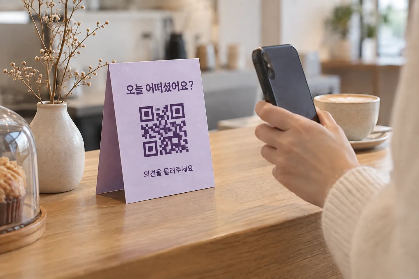 매장 계산대에서 고객이 QR 의견 카드를 휴대폰으로 확인하는 AI 생성 활용 예시
