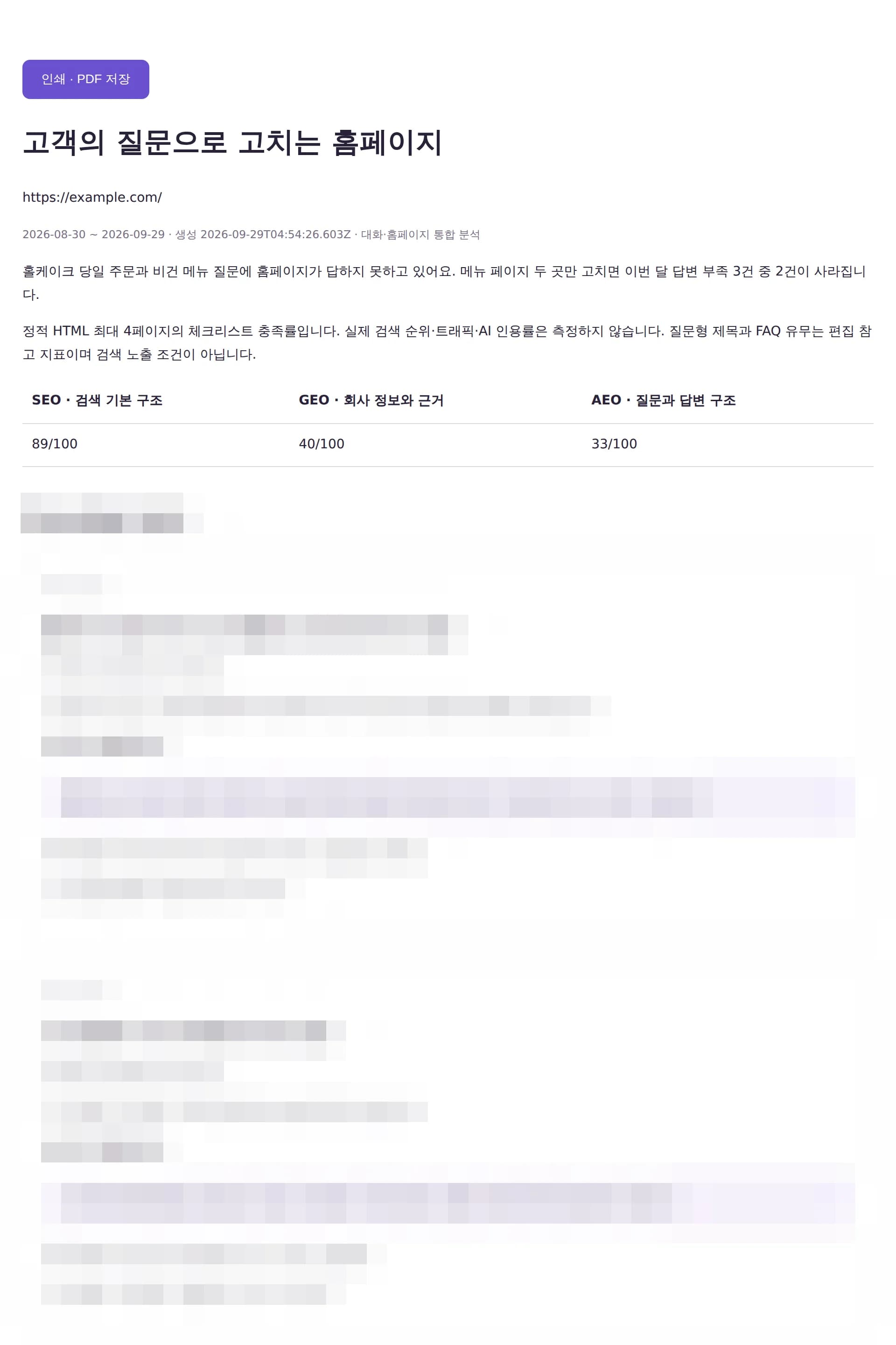 온기 베이커리카페 인쇄용 리포트 한 장. 점수표와 우선순위별 개선안, 세부 문구는 흐림 처리
