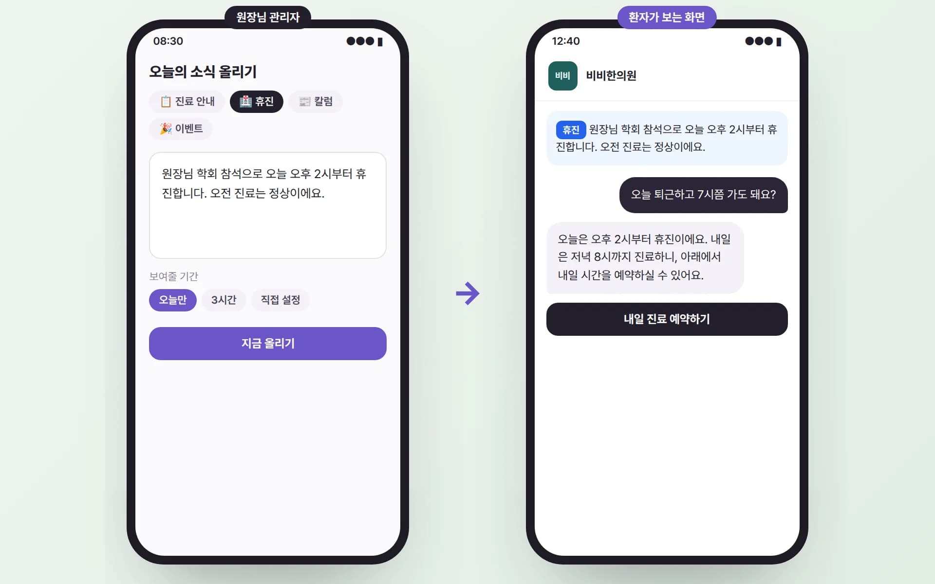 원장님이 휴진 소식을 ‘오늘만’으로 올리자, 환자 화면 맨 위에 휴진 안내가 뜨고 AI 안내원이 내일 진료 예약을 권하는 예시